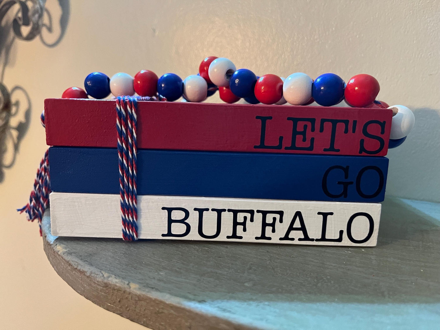 Bills Mafia Wood Book Stack, Bead Garland & Buffalo Decor