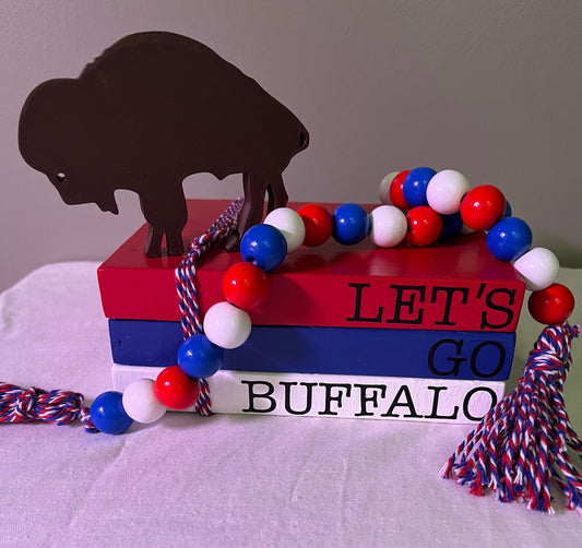 Bills Mafia Wood Book Stack, Bead Garland & Buffalo Decor