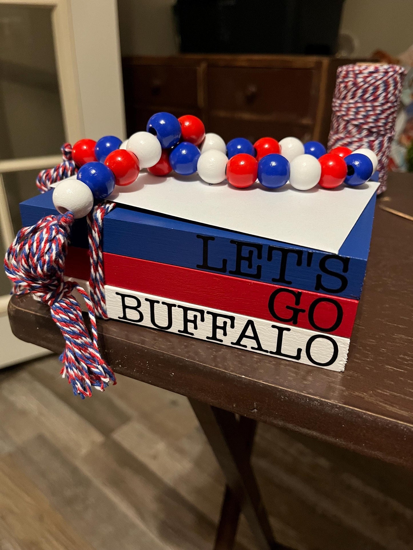 Bills Mafia Wood Book Stack, Bead Garland & Buffalo Decor