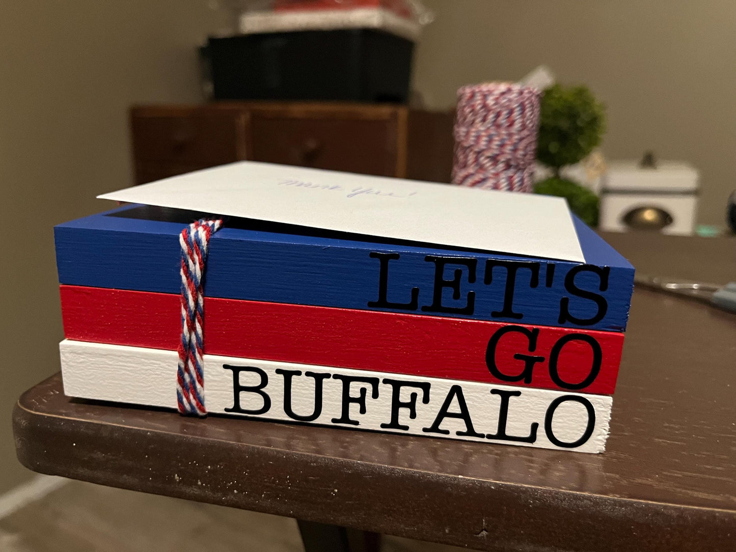 Bills Mafia Wood Book Stack, Bead Garland & Buffalo Decor