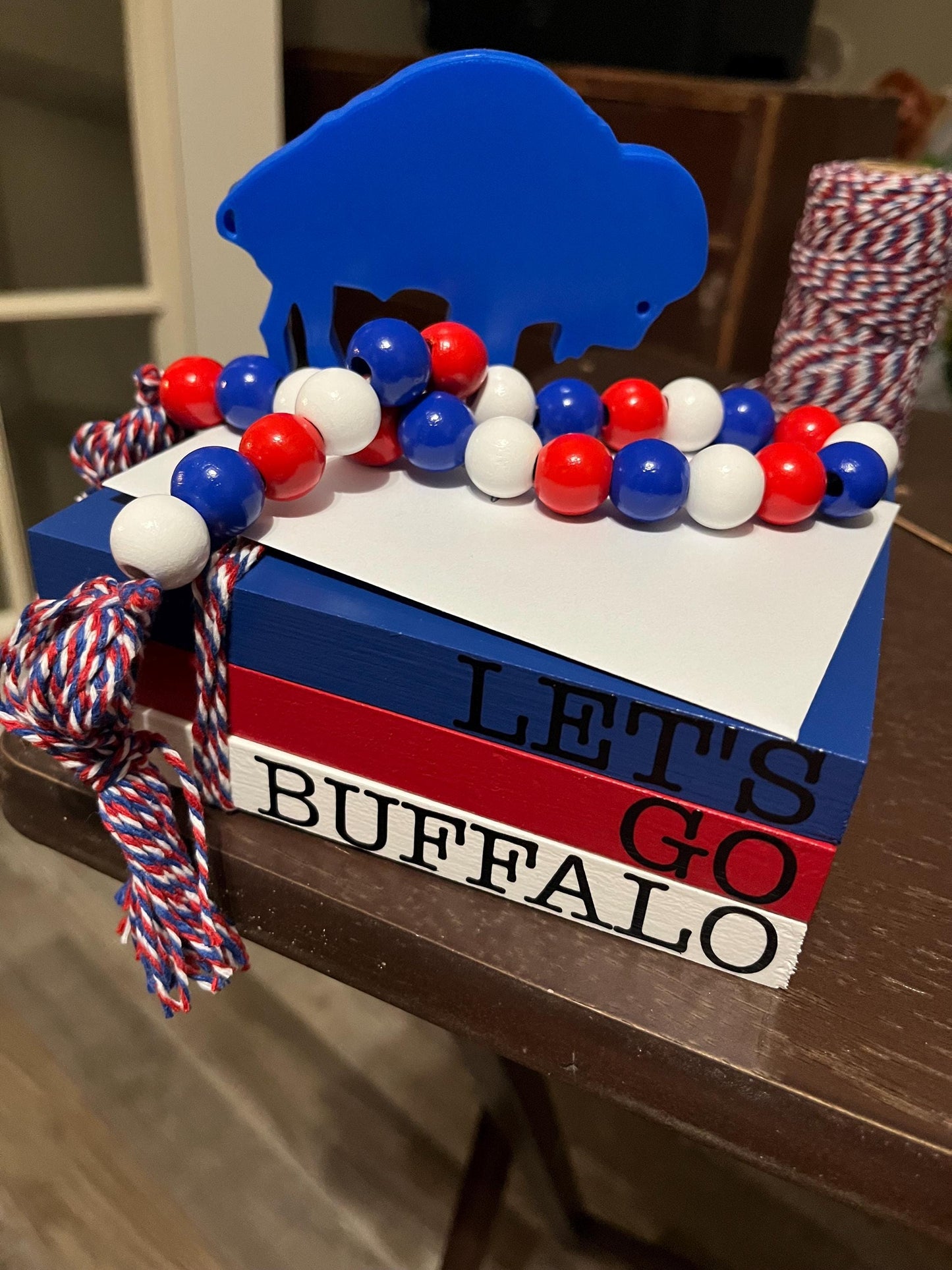Bills Mafia Wood Book Stack, Bead Garland & Buffalo Decor